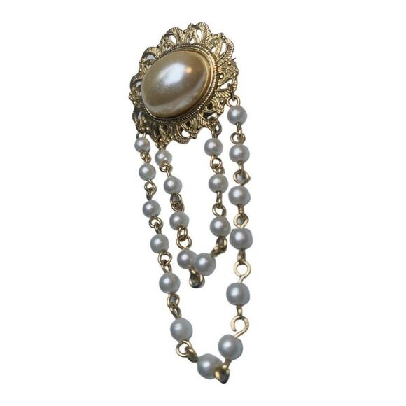 Victorian Style White Faux Pearl Station Dangle Chain Gold Tone Brooch Pin 2” - Picture 2 of 5